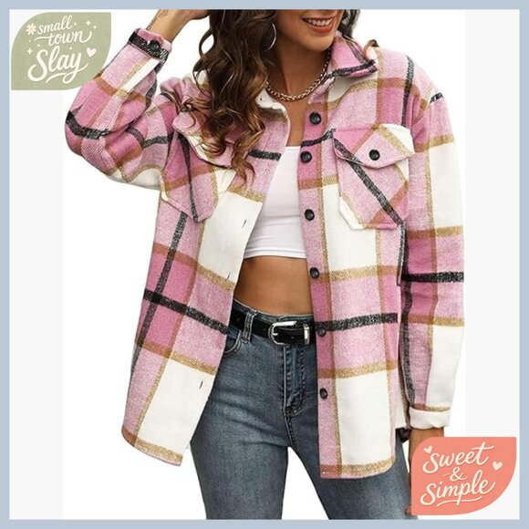 Tops - Long Sleeve Flannel Shacket Plaid Button Down Shirt Loose Fit